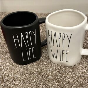 Rae Dunn Black and White Happy Life & Wife Mug Set